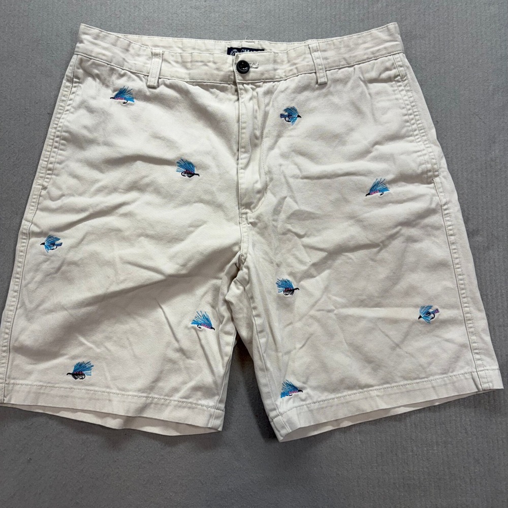 Chaps Chino Shorts Mens 34 (Fits 32) Khaki Tan Embroidered Fly Fishing Lures